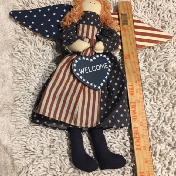 VTG Patriotic Angel Red White Blue Stars Stripes Hanging Door Welcome Doll 17x16 - Picture 8 of 11